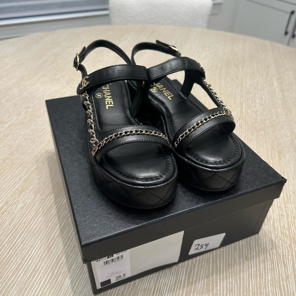 CHANEL Black Platform Sandal with Gold Chain Trim - Picture 2 of 12